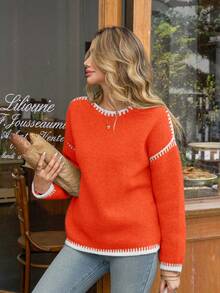 女士休闲毛衣 - 柔软圆领套头衫，中等弹力，纯色常规版型，适合秋冬季节，可手洗或干洗，针织，舒适百搭，罗纹纹理 - 橘色 - 查看 4