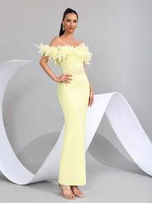 人造羽毛重点缀珍珠性感露肩露背紧身黑色绷带长裙，优雅女士婚礼宾客伴娘派对晚礼服 - 淡黃色 - 查看 4