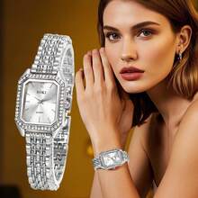 1 Set de reloj de mujer con cuarzo y diamantes, collar, aretes, pulsera y anillo, correa ajustable, esfera dorada vintage, perfecto para fiestas, vacaciones, cumpleaños y el mejor regalo para amigos - Plateado - Ver 4