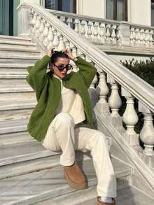 New Fashionable Loose Casual Jacket For Women, Y2K Style Stand Collar With Hidden Buttons, Autumn/Winter - màu xanh lá - Xem 5