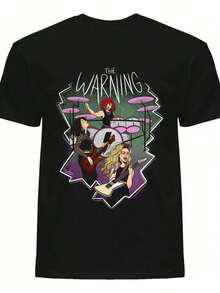 Camiseta Casual con Estampado de Patrón de Banda en Blanco y Negro, 1 Camiseta con Estampado de Letra de Dibujos Animados, 180 Gramos, 100% Algodón Pesado Puro. - Negro - Ver 1