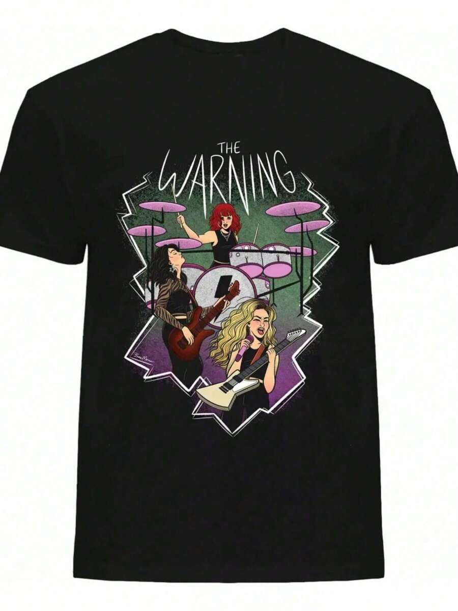 Camiseta Casual con Estampado de Patrón de Banda en Blanco y Negro, 1 Camiseta con Estampado de Letra de Dibujos Animados, 180 Gramos, 100% Algodón Pesado Puro. - Negro - Ver 1