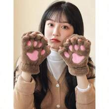 1 Pair Of Cute Cat Claw Fingerless Gloves, Thick, Warm, And Cold Resistant Plush Gloves, Suitable For Daily Use By Winter Girls, With A Rope - màu đen - Xem 6