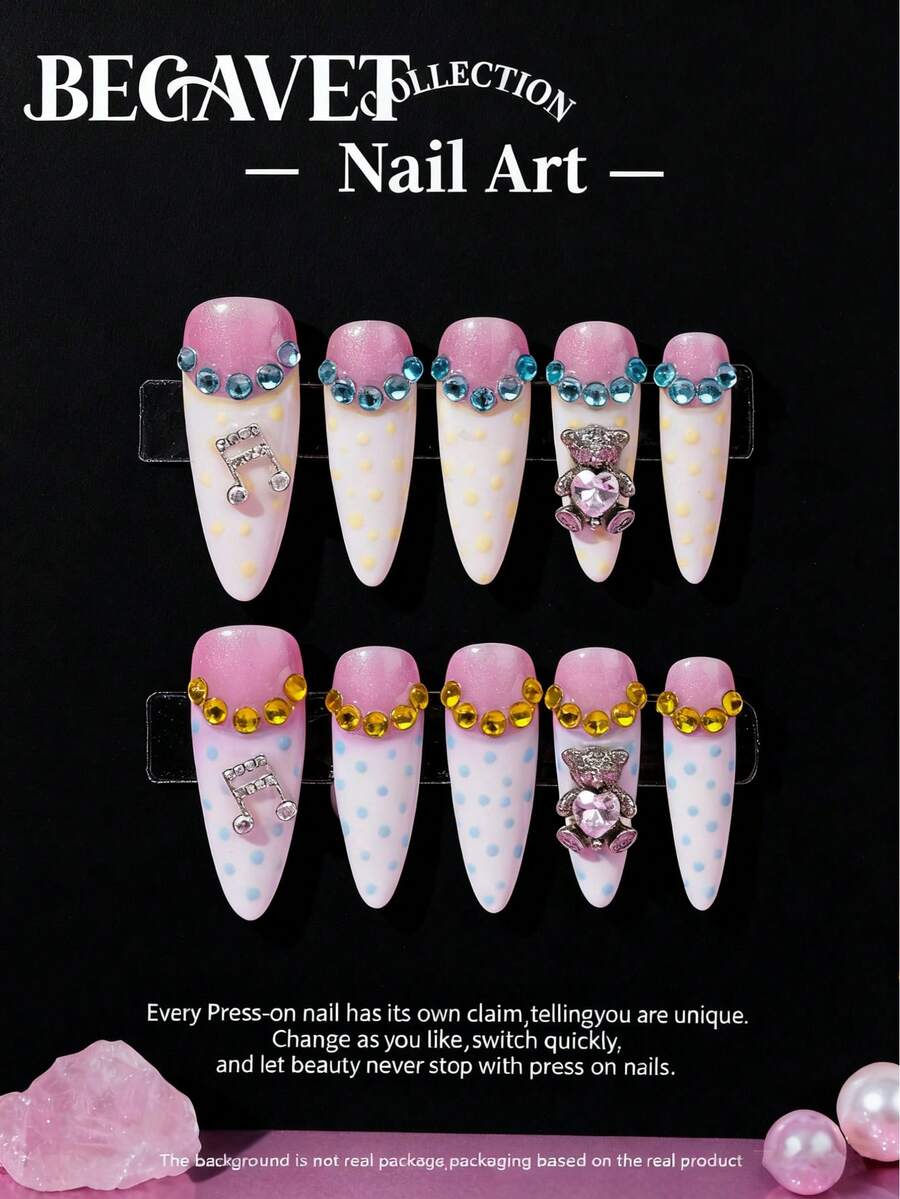 BEGAVET Y2K Nails 10pcs Handmade Salon Quality Nail Art Press On Nails French Tips Long Stilletto Exclusive Design 3D Nails With 3D Charms, Suitable For Parties/Music Festival And Daily Wear - White - View 1