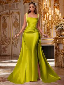 VIPGIRL 绿色无袖垂坠缎面礼服，配亮片肩带和长拖尾，优雅的女士美人鱼礼服，舞会礼服，晚礼服，婚礼宾客礼服，奢华迷人的舞会礼服 - 綠色 - 查看 8