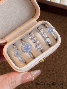 5 件奢华优雅时尚方晶锆石几何泪珠叶独特优雅铜戒指套装，适合婚礼、派对、日常佩戴（无礼盒） - 銀色 - 查看 3