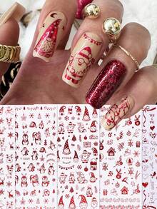 5 Peças de Adesivos de Arte de Unhas de Papai Noel Vermelho em Estilo de Desenho Animado - Design de Arte DIY para Inverno, Natal, Ano Novo, Flocos de Neve Vermelhos Fofos, Renas, Papai Noel, Pinguins, Corações, Fitas, Acessórios de Natal, Adequado para Uso Diário, Casamento e Feriados de Mulheres, Adesivos de Unhas Descartáveis, Estilo de Tema de Desenho Animado e Fofo, Fácil de Colar, Decoração de Salão de Beleza
