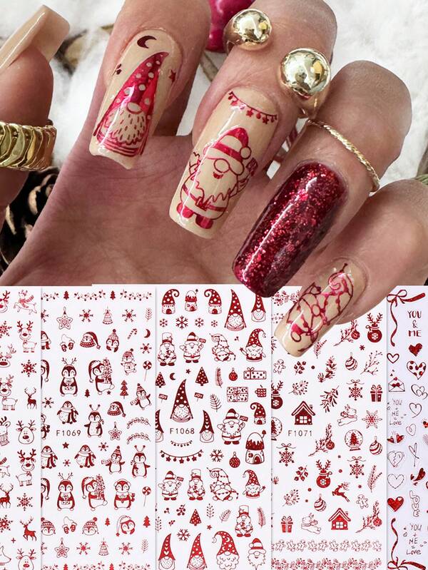 5 Peças de Adesivos de Arte de Unhas de Papai Noel Vermelho em Estilo de Desenho Animado - Design de Arte DIY para Inverno, Natal, Ano Novo, Flocos de Neve Vermelhos Fofos, Renas, Papai Noel, Pinguins, Corações, Fitas, Acessórios de Natal, Adequado para Uso Diário, Casamento e Feriados de Mulheres, Adesivos de Unhas Descartáveis, Estilo de Tema de Desenho Animado e Fofo, Fácil de Colar, Decoração de Salão de Beleza