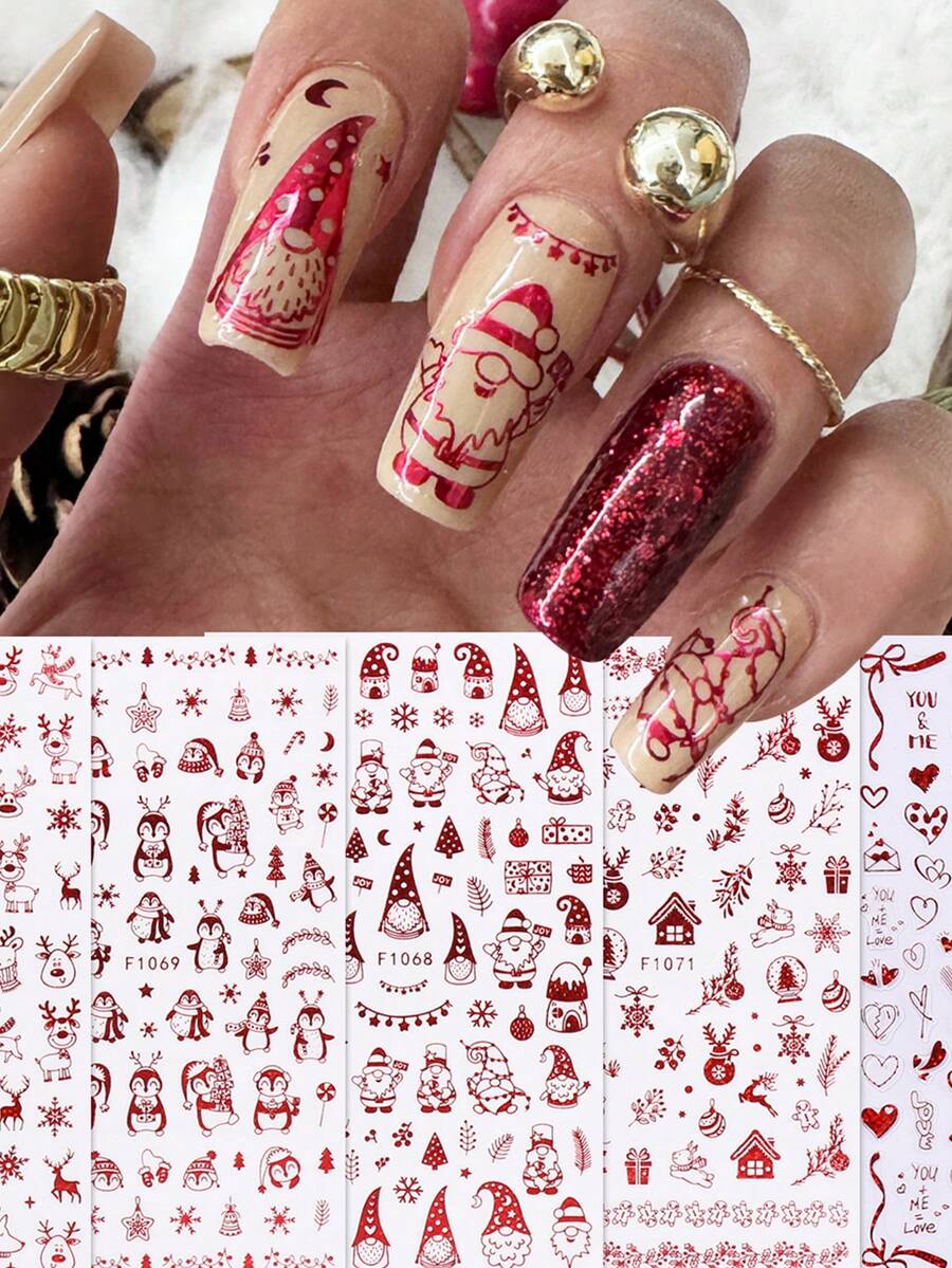 5 Peças de Adesivos de Arte de Unhas de Papai Noel Vermelho em Estilo de Desenho Animado - Design de Arte DIY para Inverno, Natal, Ano Novo, Flocos de Neve Vermelhos Fofos, Renas, Papai Noel, Pinguins, Corações, Fitas, Acessórios de Natal, Adequado para Uso Diário, Casamento e Feriados de Mulheres, Adesivos de Unhas Descartáveis, Estilo de Tema de Desenho Animado e Fofo, Fácil de Colar, Decoração de Salão de Beleza