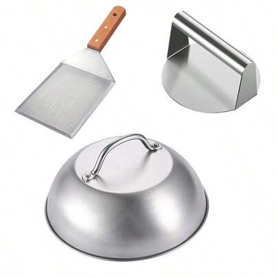 3pcs Hamburger Patty Maker Set, Round Hamburger Press, Stainless Steel Bacon Press And Hamburger Meat Patty Maker, Non-Stick Hamburger Patty Maker/Burger Patty Maker Tool Set, Suitable For Grilling And Skillet Cooking, Hamburger Press, Burger Spatula, Skillet Scraper, Non-Stick Stainless Steel Hamburger Patty Maker Tools With Heat-Resistant Handles, Suitable For Flat Top Griddles, Ramadan