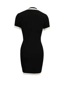 Ribbed Knit Contrast Trim Bodycon Dress - Black - View 2