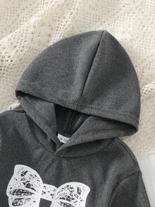 2 件套女婴休闲时尚灰色和黑色针织连帽衫上衣，蝴蝶结印花和蕾丝边开衩裤套装，春秋 - 深灰色 - 查看 4