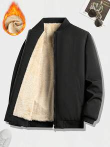 1pc Men's Casual Solid Color Thermal Lined Jacket, Versatile For Daily Wear, Winter - Black - View 1