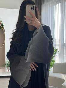 时尚简约撞色荷叶袖中长裙，女士纯色中东风情长裙，优雅开衫长袍，适合日常和假日穿着