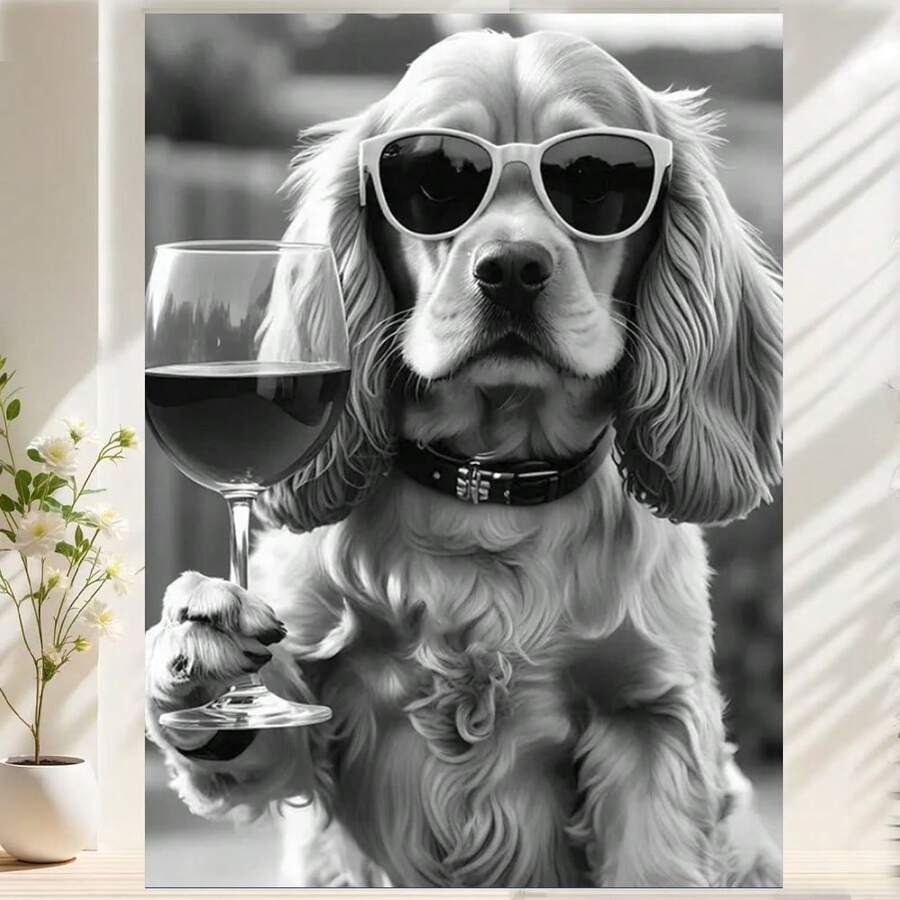 Framed 1PC English Cocker Spaniel Drinking Wine Poster, Bar Cart Print, Black And White, Funny Kitchen Wall Art, English Pub Decor Creative Wall Art Canvas Painting High-Quality Print, Waterproof,Fade-Resistant, 2D Perfect Gift For Him/Her, Enthusiasts, Ideal For Seasonal Decor,Event Supplies, Birthdays,Valentine's Day, Mother's Day, New Year, Halloween,Thanksgiving Day, Christmas, Easter - 框架 - 查看 1