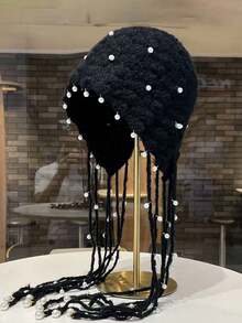 1 pieza Gorro de punto grueso hecho a mano con calado, gorro de punto con borlas cálido, accesorio de moda para mujer, adecuado para invierno, estilo bohemio, 4 de julio, conjunto madre-hija, Halloween, vacaciones