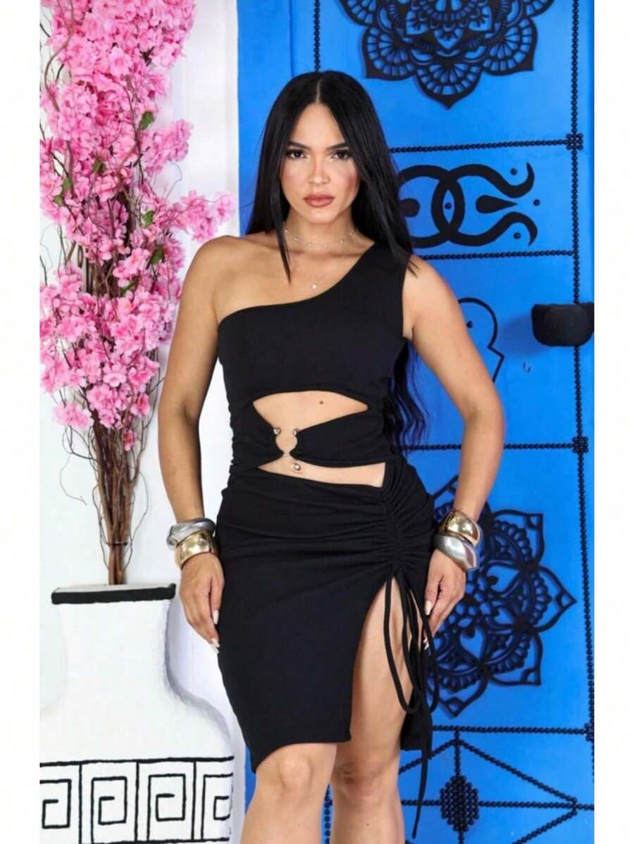 Vestido Argola Abertura Na Barriga Com Bojo E Fenda - Preto - Visão 1