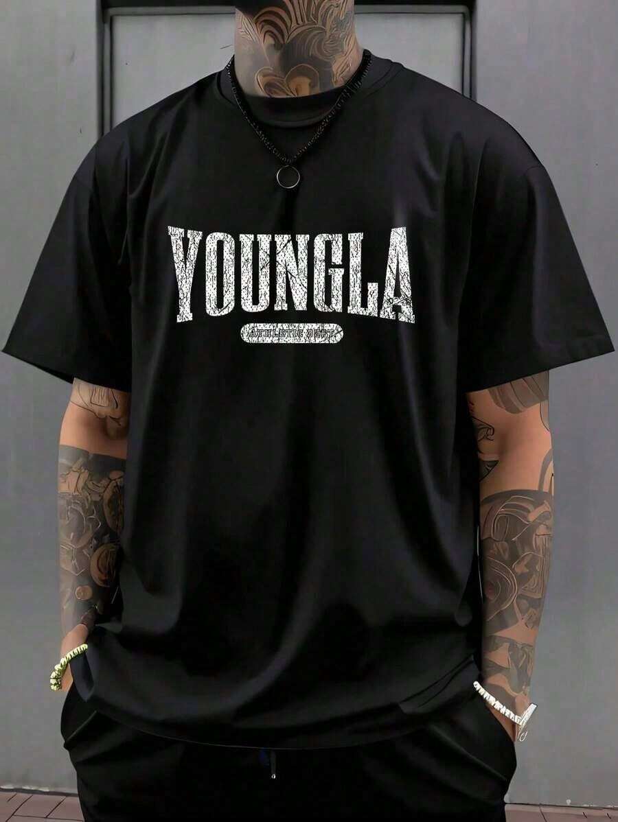 LZJSHOP2-Men'S  Youngsters Graphic Tee - Red Casual Crew Neck T-Shirt With Bold "YOUNGLA" Print, Short Sleeves, Lightweight Polyester Fabric, Perfect Gift For Summer, Everyday |        Casualwear |       Glossy Texture - 黑色 - 查看 1