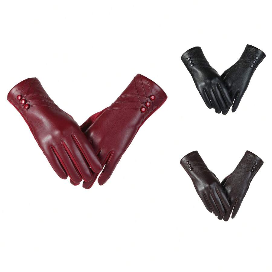 1 Pair Women's PU Leather Gloves, Winter Outdoor Touchscreen Riding Gloves With Thermal Lined, High-End Windproof Gloves, Solid Color PU Leather Gloves