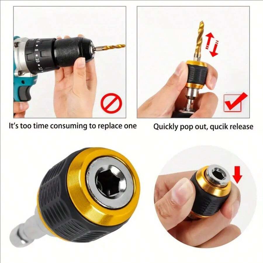 1/2 Bộ chuyển đổi mũi khoan chuôi lục giác thay đổi nhanh - Vừa vặn 1/4", Không cần nguồn điện, Kết cấu kim loại bền, Thiết kế đen và vàng, Thuận tiện cho các dự án cải thiện nhà cửa, Khoan thủ công | Bộ chuyển đổi chuôi lục giác | Kết cấu kim loại bền - Nhiều màu - Xem 1