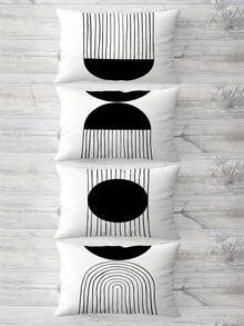 4pcs/Set Black And White Geometric Patterned Polyester Short Plush Cushion Cover And Pillowcase For Sofa - Multicolor - View 11