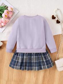 1 件女童休闲“我的猫”字母、蝴蝶结和猫图案柔软针织长袖运动衫连衣裙，格子图案，秋冬 - 紫色 - 查看 2