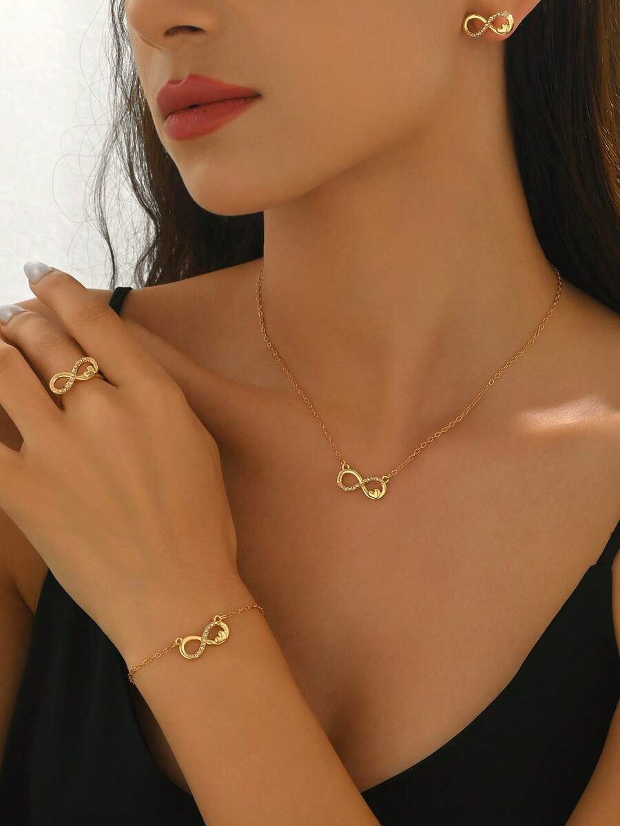 Juego de joyería de 5 piezas para mujer con anillo de metal elegante y minimalista con símbolo del infinito con rhinestones 1 pieza + pulsera 1 pieza + aretes 1 pieza + collar 1 pieza, adecuado para uso diario - Dorado - Ver 1