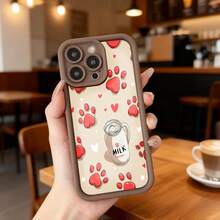 Phone Case With Black Border And Design Of Red Cat Paws, Hearts, And A Milk Jug With The Text MILK - Cute Style For Daily Use In Cafes And Living Rooms Suitable For Apple Series Phones