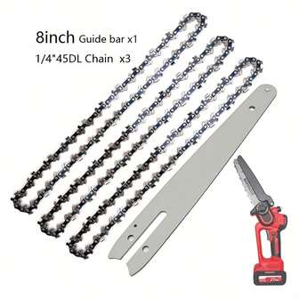 4 Stücke Gartenwerkzeug-Zubehör-Set, 8-Zoll-Führungsschiene und 1/4"45DL-Kette für Lithium-Elektrosäge