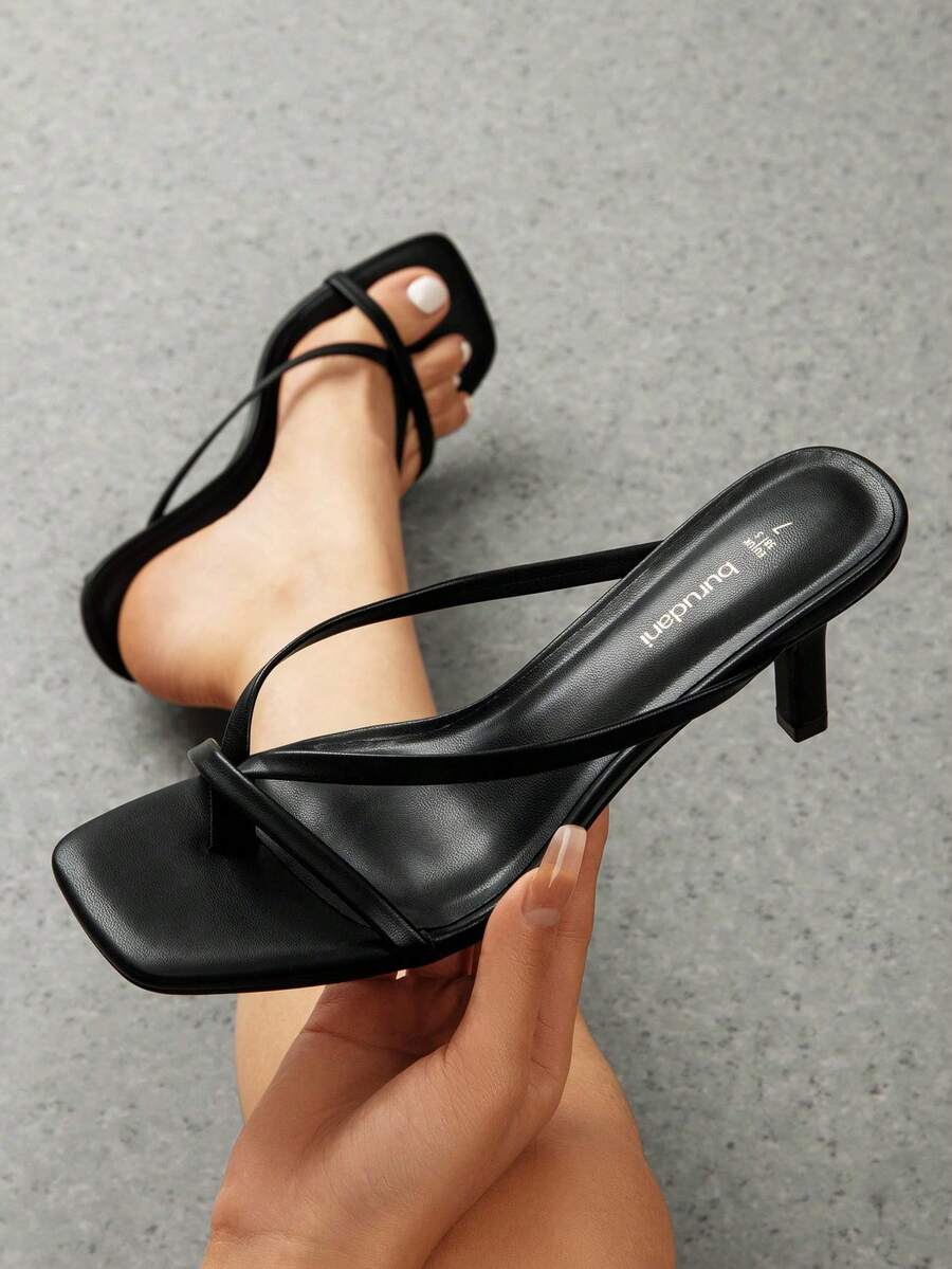 Heels For Women Flip Flops Kitten Low Heels Open Square Toe Thong Heeled Sandals, Sexy Fashion Comfort Shoes For Party Casual Slides - 黑色 - 查看 1