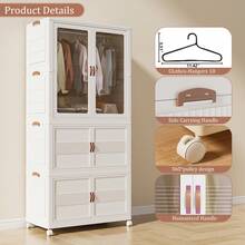 Multi-Functional Folding Storage Cabinet, Clothing Storage Box, Portable Wardrobe, Foldable Cabinet With Wheels And Double Doors, Suitable For Living Room, Bedroom, Walk-In Closet, And Apartments, No-Assembly Storage Rack, Organizes Clothes And Toys, Plastic Folding Storage Cabinet, Comes With 10 Hangers - 白色 - 查看 6