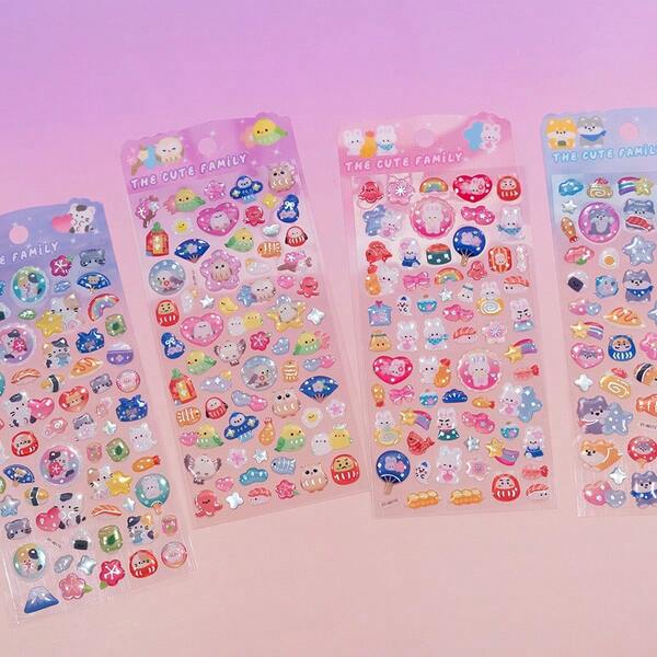 1/4 Sheet 3D Crystal Epoxy Stickers, Cute Shiba Inu, Cats, Rabbits, Owls Cartoon Decorative Stickers - DIY Scrapbooking Materials, Self-Adhesive Stickers, Suitable For Journals, Phone Cases, Nails, Bags Decoration