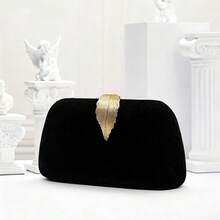 Women's Vintage Black Suede Clutch Bag, Gold Leaf Accent Evening Bag, Elegant Chain Crossbody Purse, Formal Party/Wedding/Prom Accessory, Niche Design, Multi-Way Carrying, Fashionable & Luxurious, Must-Have Evening Essential For Fashionistas - 黑色 - 查看 2