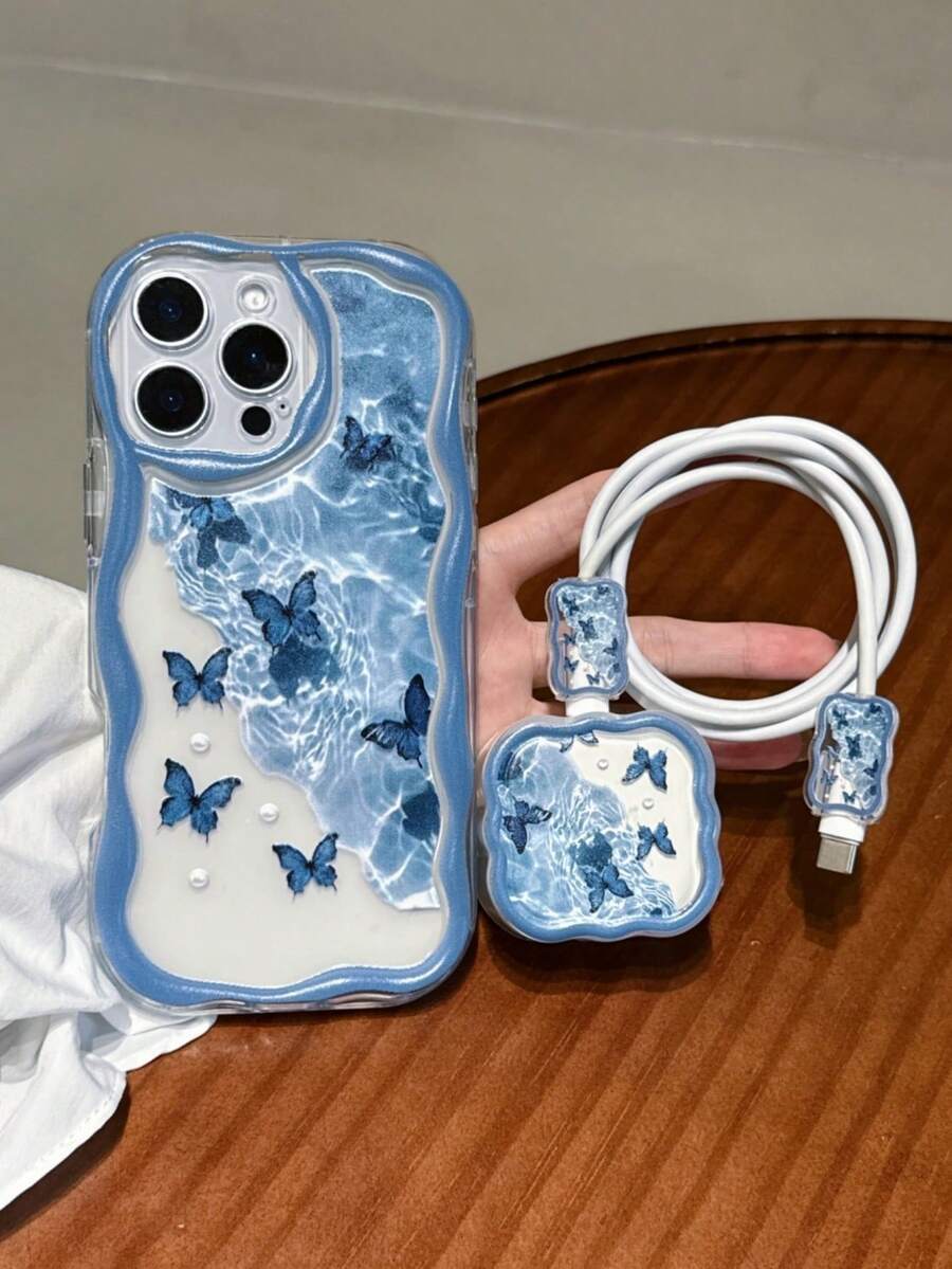 Ocean Element Blue Wave Ripple Pattern Blue Butterfly Design Battery Charger Cases 4pcs Set (1pc Wave Pattern Phone Case + 1pc Wave Pattern UK Plug Charger Protector + 2pcs Wave Pattern Data Cable Protectors) UV Painted Compatible With IPhone 17/17 Pro/17 Pro Max/Air/16/16 Pro/16 Pro Max/16 Plus/7/8/7P/8P/X/XS/XR/XS Max/11/11 Pro/11 Pro Max/12/12 Pro/12 Pro Max/12 Mini/13/13 Pro/13 Pro Max/14/14 Pro/14 Plus/14 Pro Max/15/15 Pro/15 Plus/15 Pro Max Spring Easter Birthday Gift - Multicolor - View 1