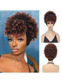 Curly Wigs For  Women, Headband Wigs With Bangs, Synthetic Short Afro Kinky Curly Wig With Headband Attached, Drawstring High Afro Puff Brown Curly Wig Turban - Đồng - Xem 1