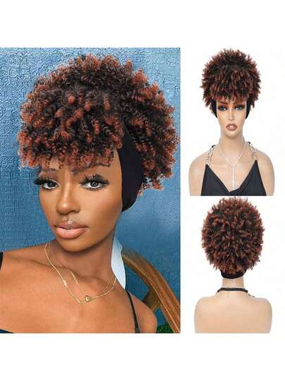 Curly Wigs For  Women, Headband Wigs With Bangs, Synthetic Short Afro Kinky Curly Wig With Headband Attached, Drawstring High Afro Puff Brown Curly Wig Turban