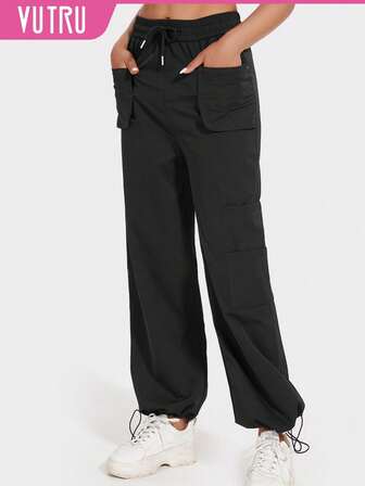 VUTRU Women's Sports Joggers, Classic Black Workout Pants With Multiple Pockets, Casual Style With A Touch Of Industrial Uniform Design