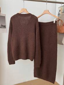 Women's Solid Color Relaxed Casual Long Skirt Minimalist Collar Long Sleeve Sweater + Skirt Knit Set, Slouchy Commute Versatile - Brown - View 3
