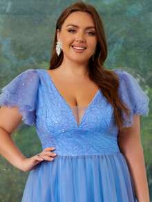 Damskie sukienki plus size z cekinami i siateczką, eleganckie, patchworkowe, na imprezę, balowe, półformalne sukienki koktajlowe dla gości weselnych - Królewski Niebieski - Zobacz 7