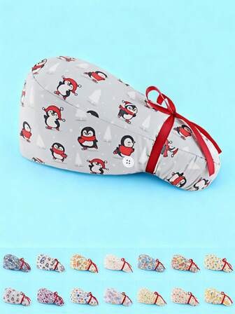 1顶女士优质涤纶材质印花系带工作帽/护士帽，全后幅设计，侧边带口罩绳钩，适合医生、护士以及所有医院、美容院、兽医诊所工作人员。