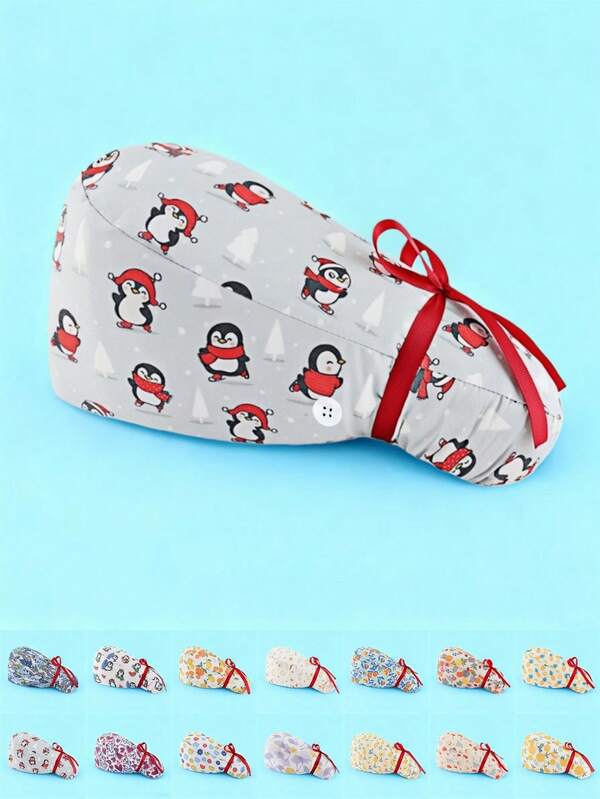 1pc Women's Premium Polyester Material Printed Pattern Tie-Design Work Cap/Nurse Cap, Full Back Design, Side Mask Cord Hook, Suitable For Doctors, Nurses, And All Hospital, Beauty Salon, Veterinary Clinic Workers