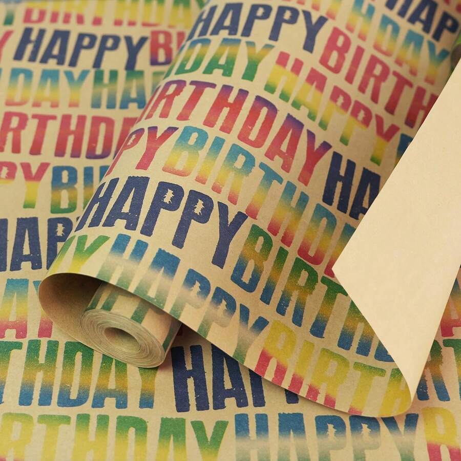 Birthday Wrapping Paper Roll - Vintage Colorful Happy Birthday Brown Kraft Wrapping Paper Jumbo Roll Boys Men Women Girls Kids, 17 X 590 Inches