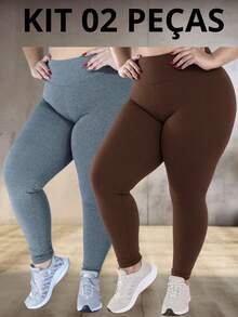 KIT 2 Plus Size Women's Leggings, Flannel, High Waist And Zero Transparency, From G1 To G5 - 棕灰色 - 查看 1