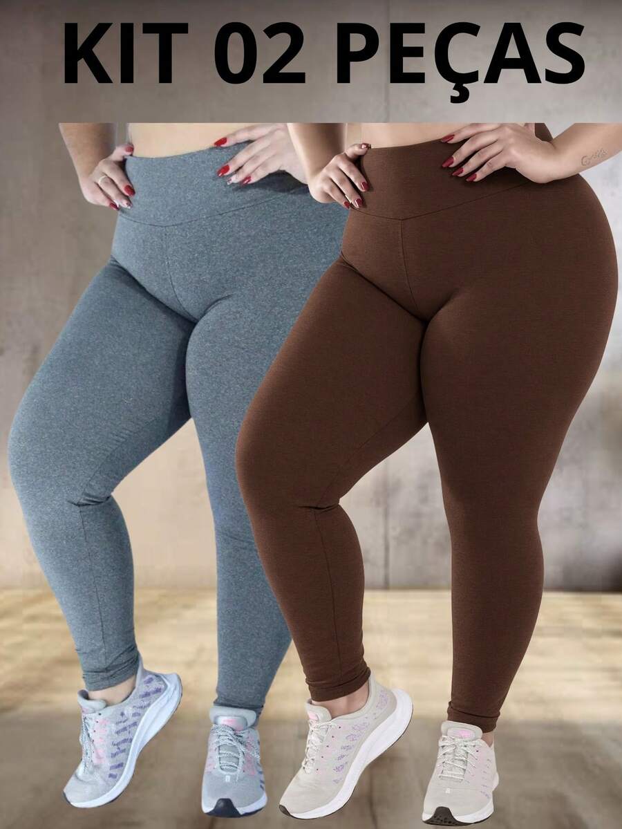 KIT 2 Plus Size Women's Leggings, Flannel, High Waist And Zero Transparency, From G1 To G5 - 棕灰色 - 查看 1