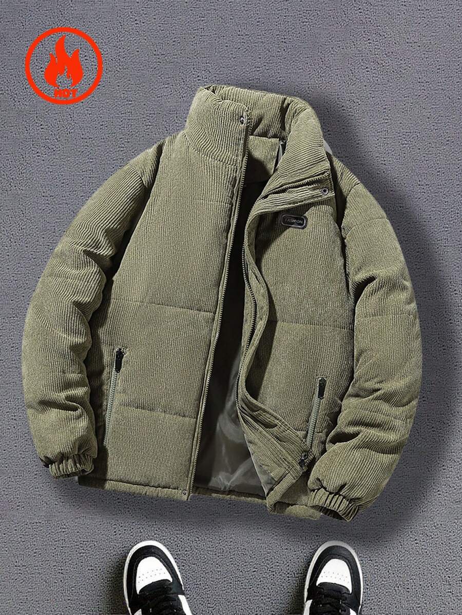 男士加厚灯芯绒长袖羽绒服,适合日常穿着和户外活动,秋冬季 - 綠色 - 查看 1