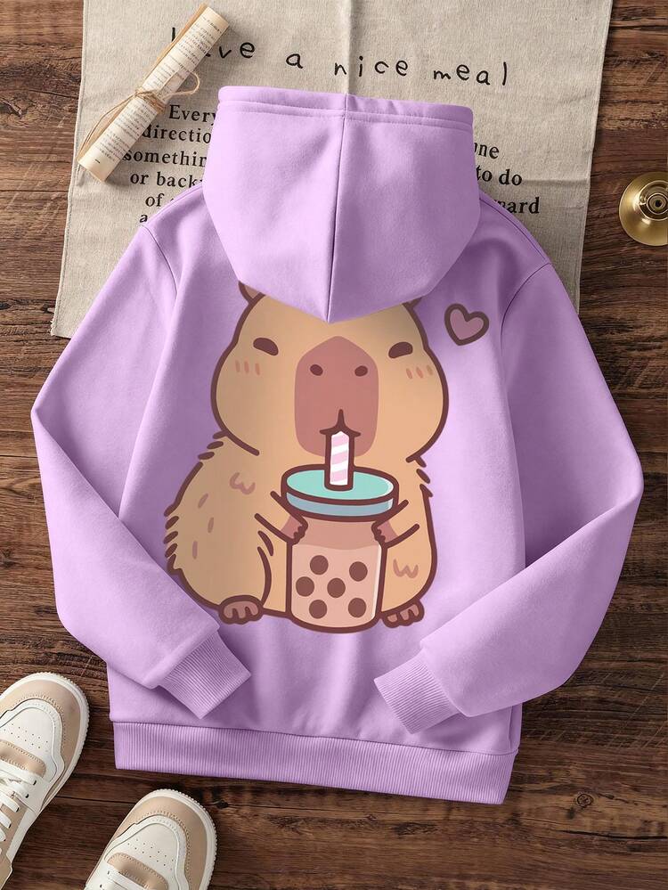 1pc Tween Girls Casual Printed Pullover Sweatshirt, Thermal Lined, Long Sleeve, Autumn/Winter - Purple - View 3