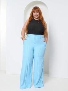 Plus Size Fashion Long Pants Without Belt And Pockets Without Belt - Blue - View 1