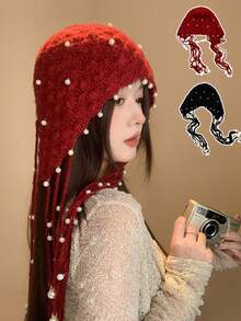 1 pieza Gorro de punto grueso hecho a mano con calado, gorro de punto con borlas cálido, accesorio de moda para mujer, adecuado para invierno, estilo bohemio, 4 de julio, conjunto madre-hija, Halloween, vacaciones