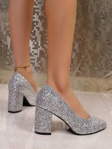 2025 Fashion Women's Pumps, Comfortable Chunky Heel, Classic Elegant Pointed Toe, Office Lady Dress Shoes, Non-Slip Low Vamp Versatile Thick High Heels, Slip-On Sexy Pumps - Silver - View 4