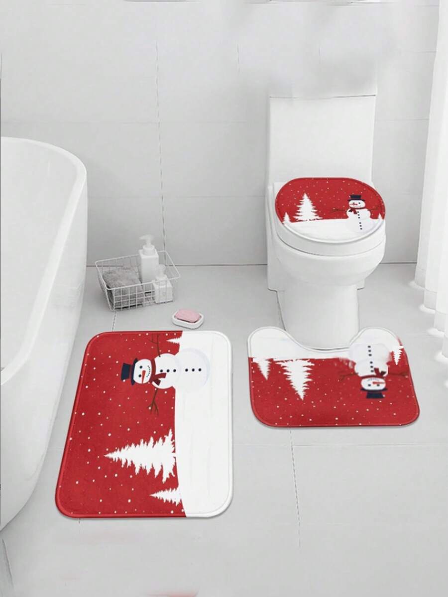 Bathroom Three Pieces Set Crystal Velvet Floor Mat Home Cartoon Bathroom Mat